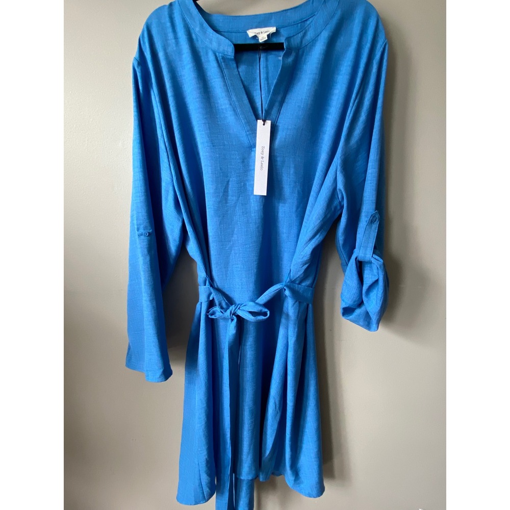 Zoey & Leelo Womens 3X Blue Roll Tab Sleeve Belted Tunic Dress casual career NEW